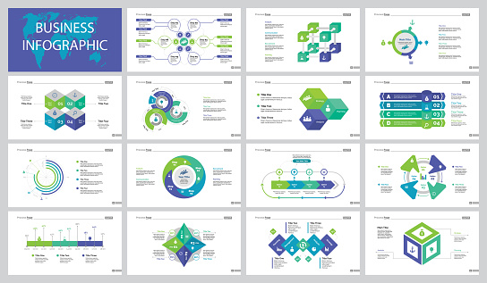 Infographic set can be used for workflow layout, web, presentation, annual report. Banking and business project concept with step and option charts, donut diagram and bar chart, organizational charts