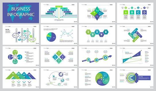 Infographic set can be used for workflow layout, presentation, annual report. Workflow visualization and economics concept with step and option diagram, circle diagram, organizational chart and percentage chart