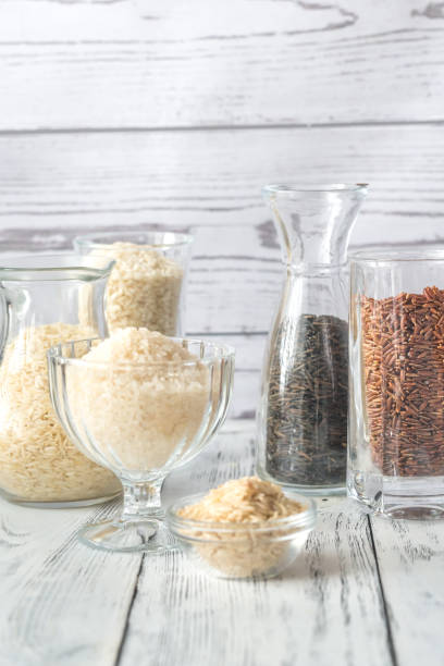 Different kinds of rice on the white background