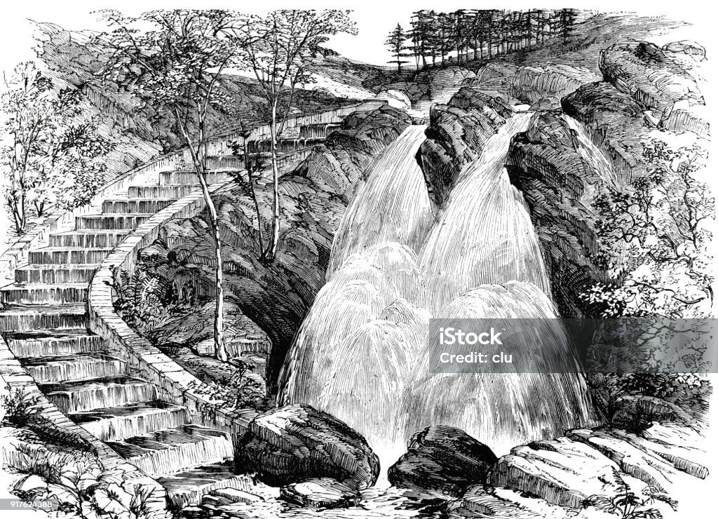 Waterfall and staircase for salmon catching Illustration from 19th century Cartoon stock illustration