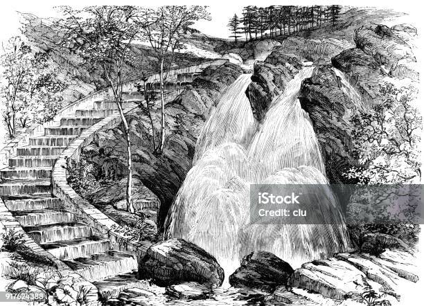 Waterfall And Staircase For Salmon Catching Stock Illustration - Download Image Now - Cartoon, Waterfall, 1877