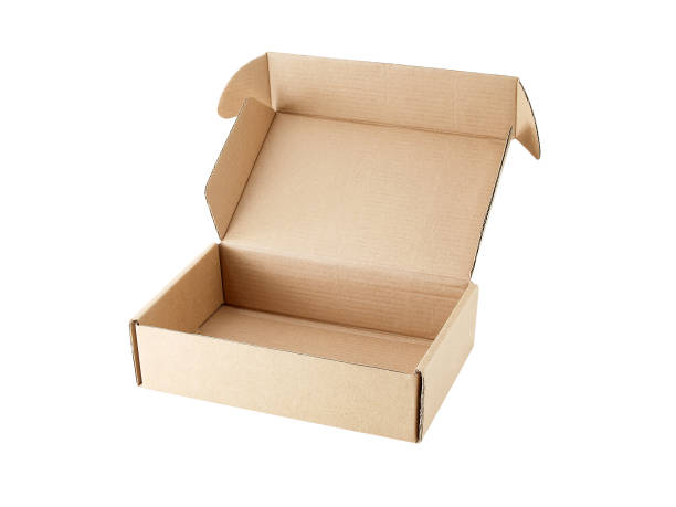 closeup empty carton box open isolated on white background