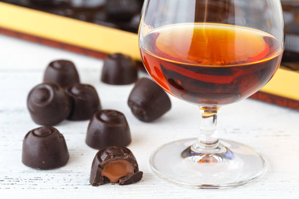 Close up view of chocolate candies with praline