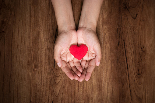 female hands holding red heart. valentine day, health care, donate concept, world heart day.