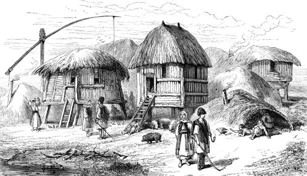 Village in the dardanelles Illustration from 19th century straw roof stock illustrations