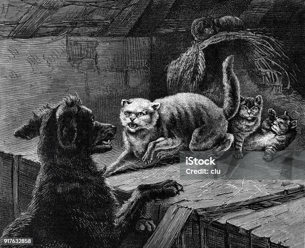 Cats Snarl At A Dog That Has Discovered Her Hideandseek Stock Illustration - Download Image Now