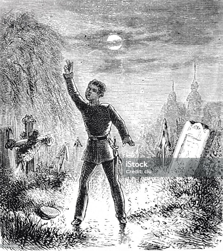 Soldier walking on the old cemetry at midnight, drunken Illustration from 19th century 1877 stock illustration