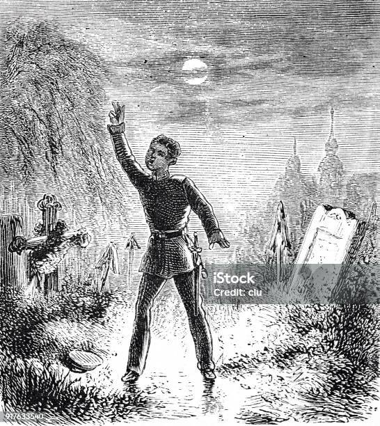 Soldier Walking On The Old Cemetry At Midnight Drunken Stock Illustration - Download Image Now