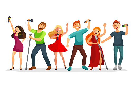 Group of young people singing and dancing with microphones vector illustration in flat design. People collection isolated on white background. Youth in karaoke have fun.
