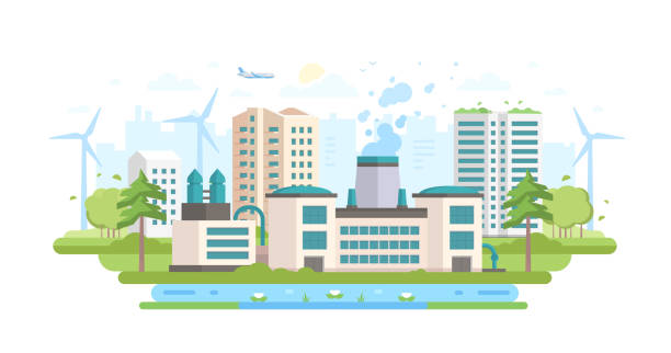 Eco-friendly industry - modern flat design style vector illustration Eco-friendly industry - modern flat design style vector illustration on white background. An urban landscape with a big factory with waste treatment facilities, windmills, trees, a pond air quality stock illustrations