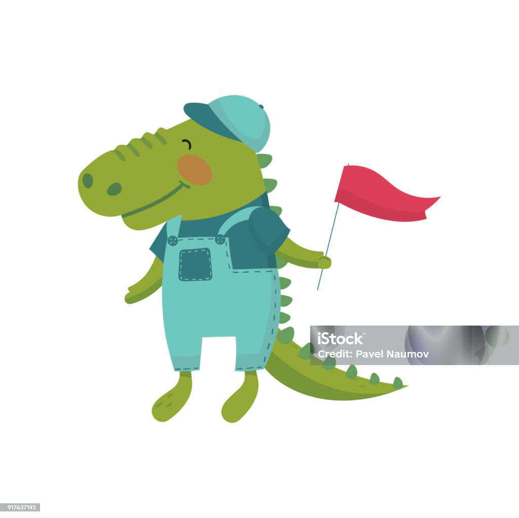 Nhân Vật Hoạt Hình Cá Sấu Con Với Lá Cờ Đỏ Ở Bàn Chân Động Vật Màu ...