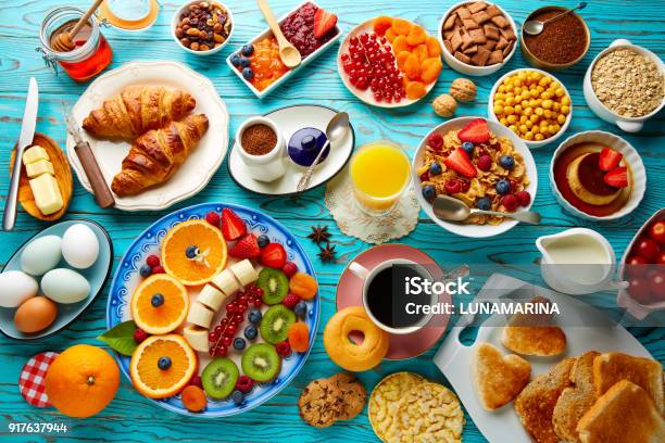 Breakfast Buffet Healthy Continental Coffee Stock Photo - Download Image Now - Buffet, Continental Breakfast, Backgrounds