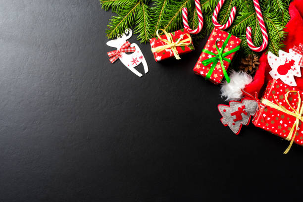 istock Christmas background with tree, presents and decorations. Top view 917637956