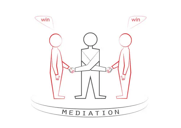 Vector illustration of mediator and two persons handshaking isolated on the white background, winner - winner principle, win - win, front view, vector illustration, horizontal