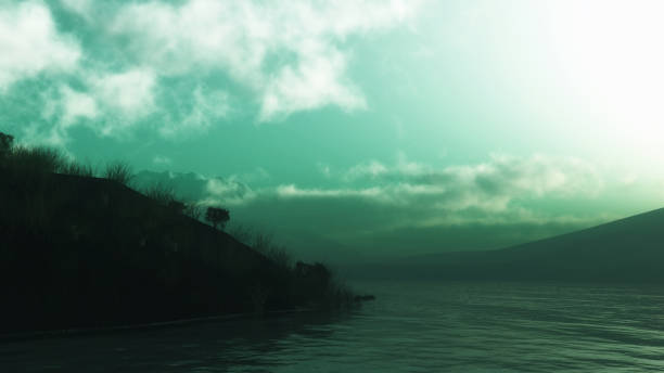 istock 3D landscape with hills and mountains with lake 917642042