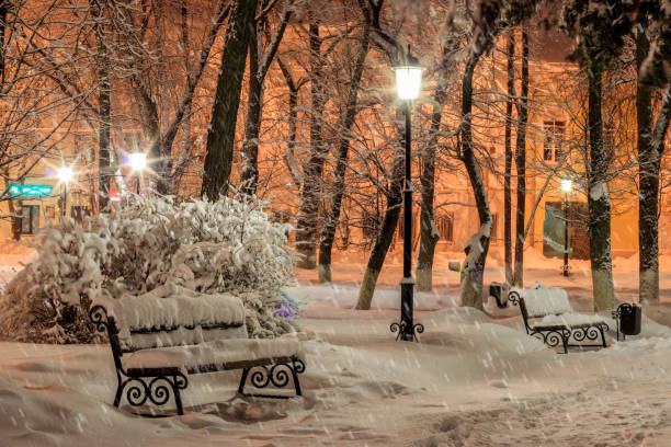 istock Bench in the winter park at night. 917642176
