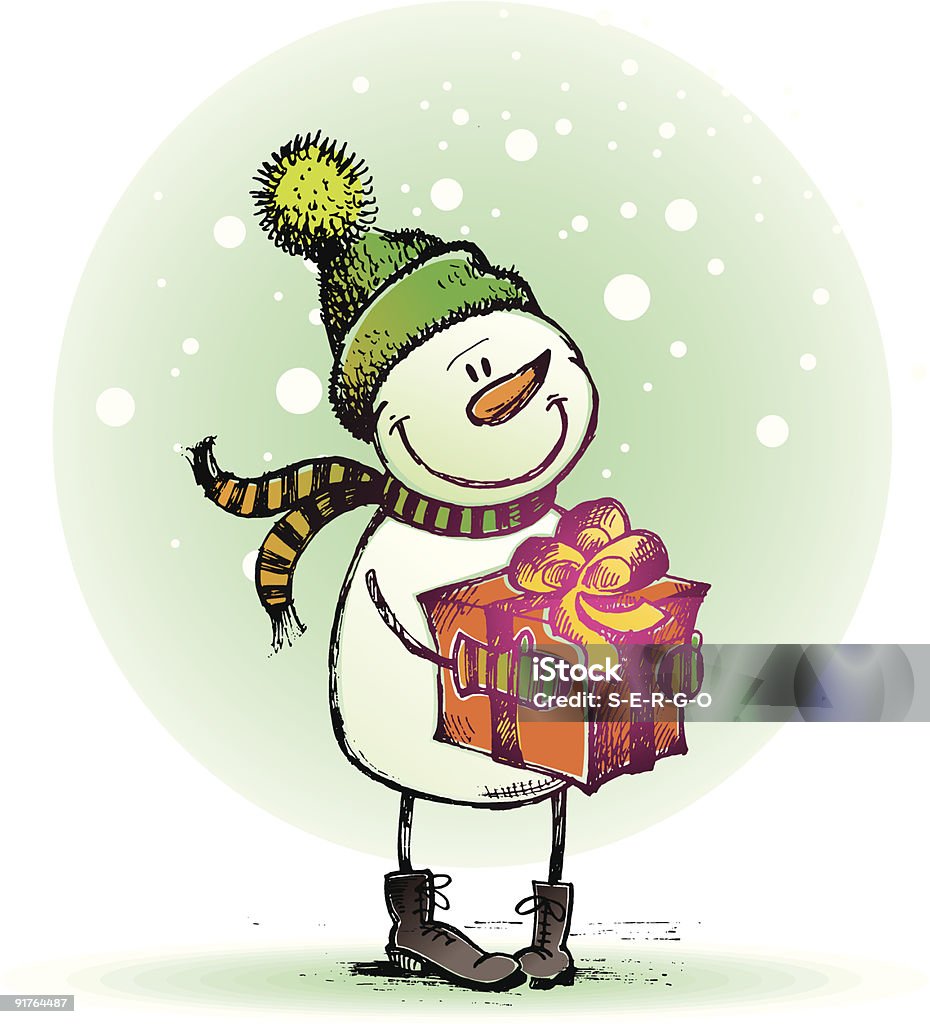 Bonhomme de neige avec cadeau - clipart vectoriel de Blanc libre de droits