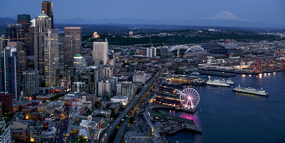 View of crowded modern cityscape with 1201 Third Avenue, U.S. Bank Centre, Seattle, Washington, United States.