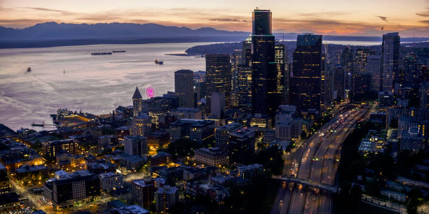 Exterior of modern cityscape during sunset