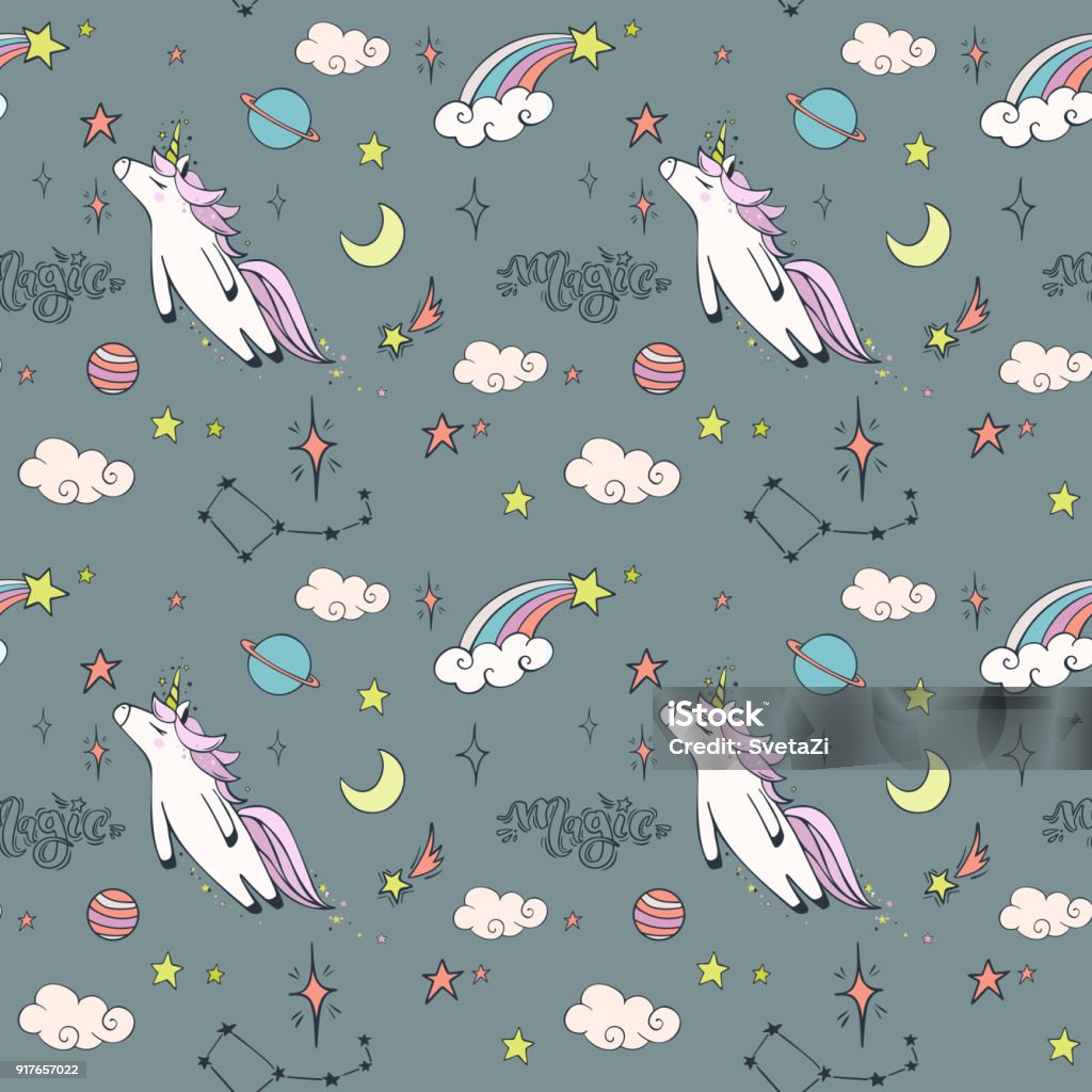 pattern Magic hand drawn seamless pattern with unicorn in flight, rainbows and stars. Vector background Seamless Pattern stock vector