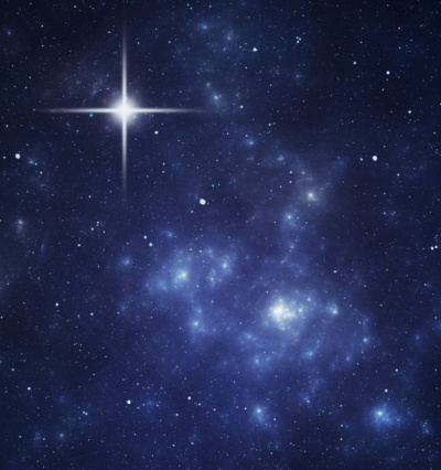 Bright blue starfield background with flare