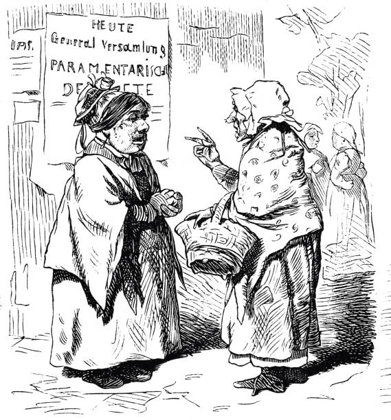 Two senior women talking on street Illustration from 19th century old ladies gossiping stock illustrations