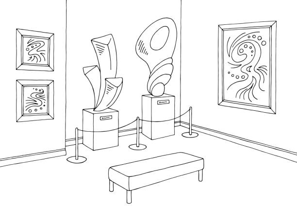 ilustraciones, imágenes clip art, dibujos animados e iconos de stock de interior blanco negro gráfico museo sketch vector ilustración - art museum museum architecture bench