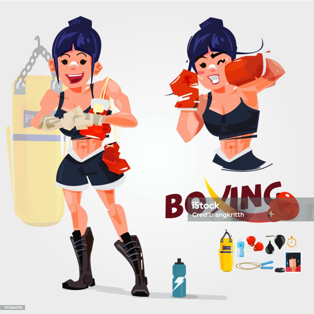 vrouwen bokser in acties. typogreaphic. teken een ontwerp met gym apparatuur - vector - Royalty-free Boksen - Sport vectorkunst