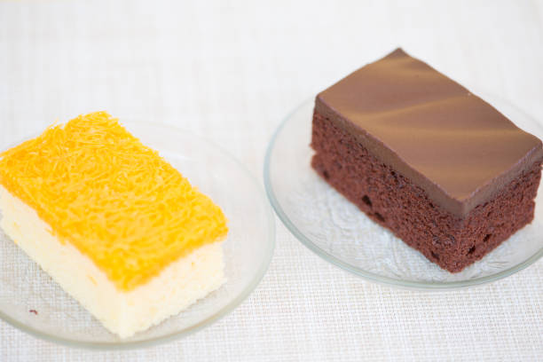 Piece of Chocolate and golden threads cake show food and desert background