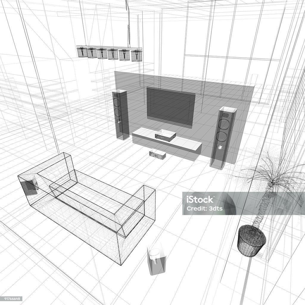Home theatre in un moderno soggiorno (in bianco - Foto stock royalty-free di Configurazione di sistema