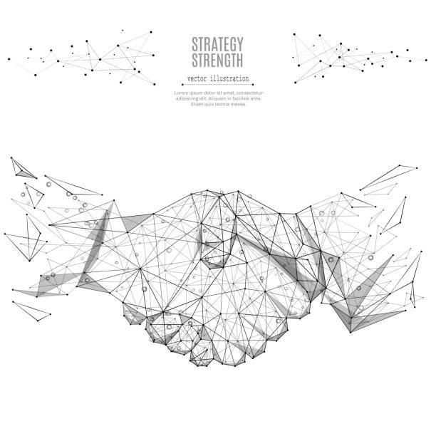 Business handshake low poly black on white Abstract mash line and point Business handshake origami on white background with an inscription. Starry sky or space, consisting of stars and the universe. Vector business illustration website wireframe illustrations stock illustrations