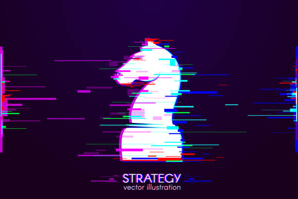 Chess knight glitch Chess knight with Interference. Glitch logo of head of horse on dark background. White object with anaglyph color effect. Vector strategy concept illustration. knight chess piece stock illustrations