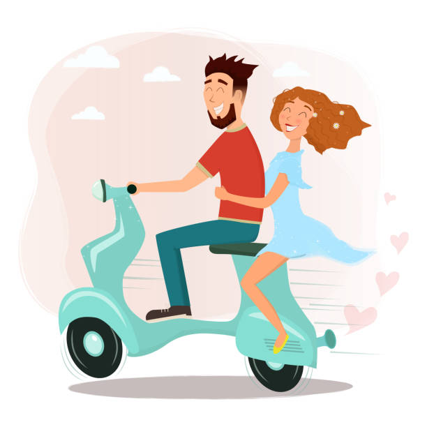 illustrations, cliparts, dessins animés et icônes de heureux homme et femme en amour, ils utilisent une trottinette. - motorcycle motor scooter couple young adult