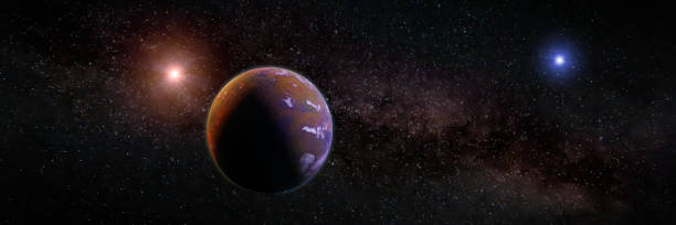 istock beautiful exoplanet, part of an alien binary star system with a red and blue star, science fiction scene 917670762