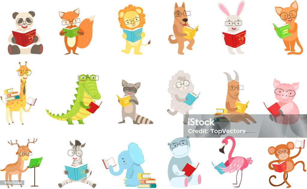 Cute Animal Characters Reading Books Set Cute Animal Characters Reading Books Set. Childish Cartoon Style Humanized Animals Vector Stickers Isolated On White Background. Animal stock vector