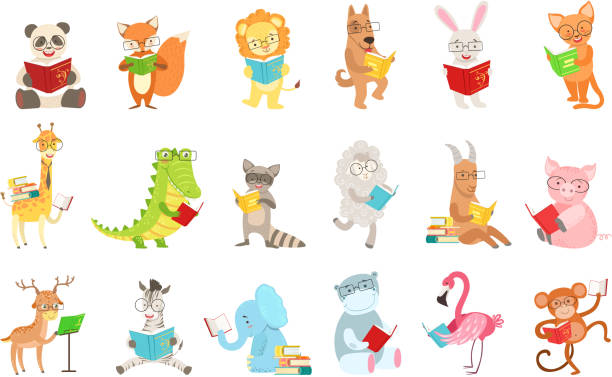 Cute Animal Characters Reading Books Set Cute Animal Characters Reading Books Set. Childish Cartoon Style Humanized Animals Vector Stickers Isolated On White Background. cartoon of bird with glasses stock illustrations