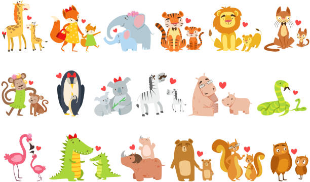Small Animals And Their Moms Illustration Set Small Animals And Their Moms Illustration Set. Colorful Childish Style Cartoon Animals In Parent Child Pairs Isolated On White Background. animal family stock illustrations