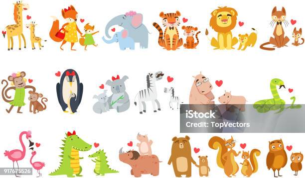 Small Animals And Their Moms Illustration Set Stock Illustration - Download Image Now - Animal, Animal Family, Cartoon