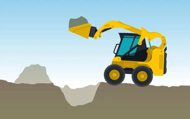 Vector illustration of Yellow excavator digs hole. Vector bagger is excavating, ground works.