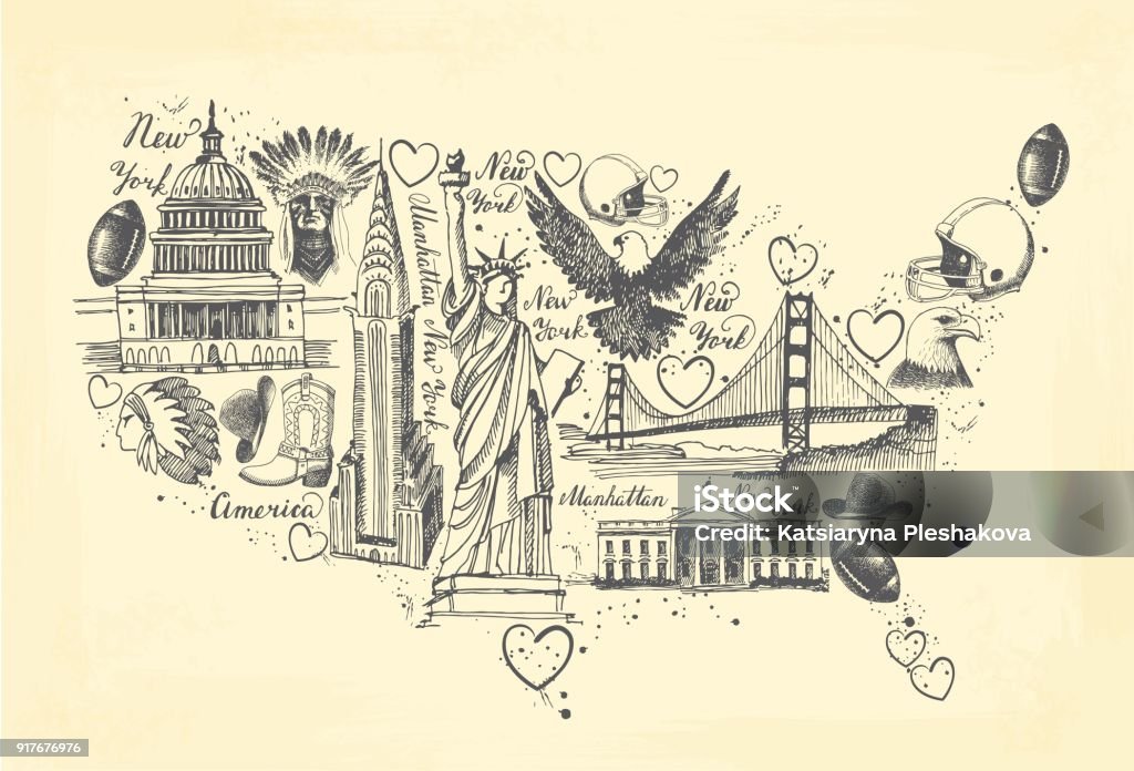 Sketches of symbols of the USA in the form of a map Sketches of architectural and historical symbol of the United States in the form of a map Drawing - Activity stock vector