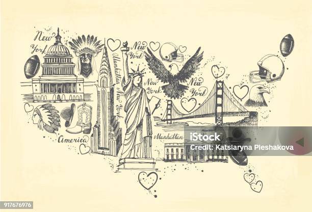Sketches Of Symbols Of The Usa In The Form Of A Map Stock Illustration - Download Image Now