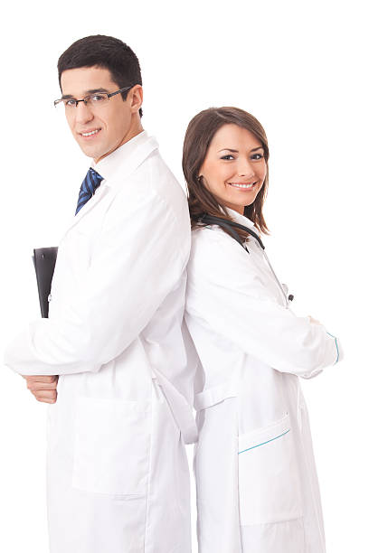 istock Two happy medical people, isolated on white 91768419