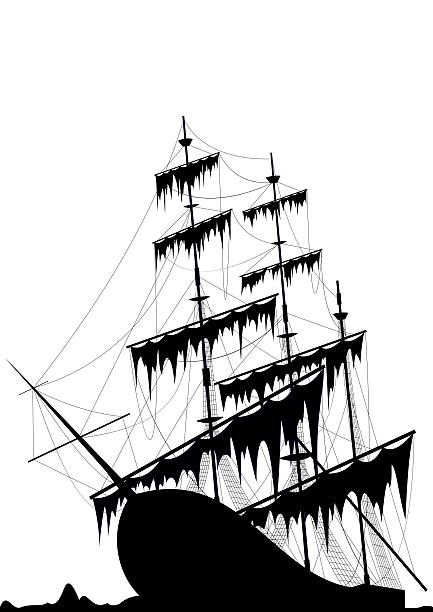Black old ship at the sea ground  sinking boat stock illustrations