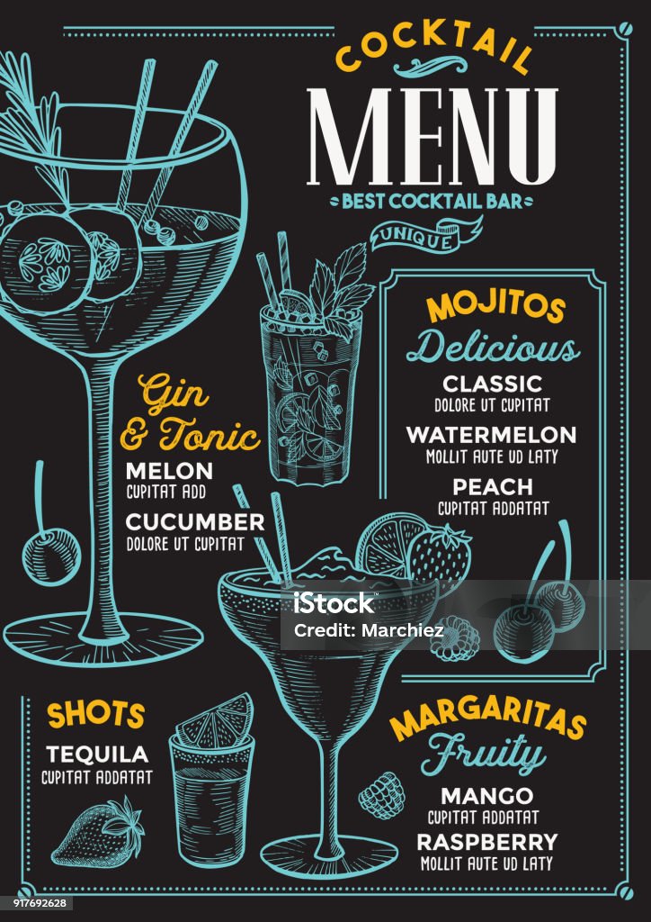 Cocktail menu for bar, drink template. Cocktail bar menu. Vector drinks flyer for restaurant and cafe. Design template with vintage hand-drawn illustrations. Menu stock vector
