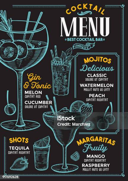 Cocktail Menu For Bar Drink Template Stock Illustration - Download Image Now - Menu, Cocktail, Chalkboard - Visual Aid