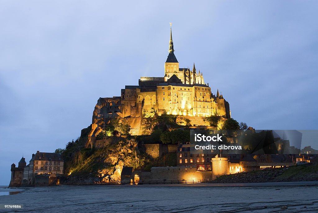 Abbey Le Mont Saint Michel, night view.  Abbey - Monastery Stock Photo