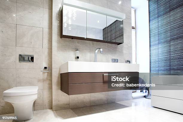 Bathroom With Mirror And Pan Stock Photo - Download Image Now - Apartment, Color Image, Comfortable