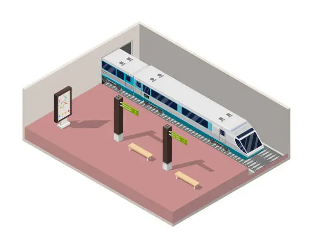 Vector illustration of Isometric Subway station platform set with train, underground and inside the railway, metro wagon.