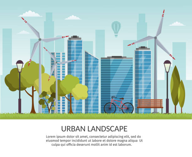 ökologie-energie-hintergrund-vektor-elemente-illustration und umwelt öko-risiken und verschmutzung. city skyline stadtpark - solar collector illustrations stock-grafiken, -clipart, -cartoons und -symbole