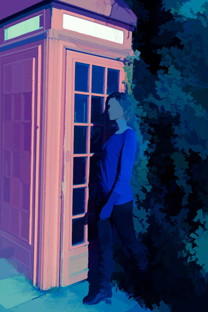 istock Red telephone box art deco poster style moonlight 917703744